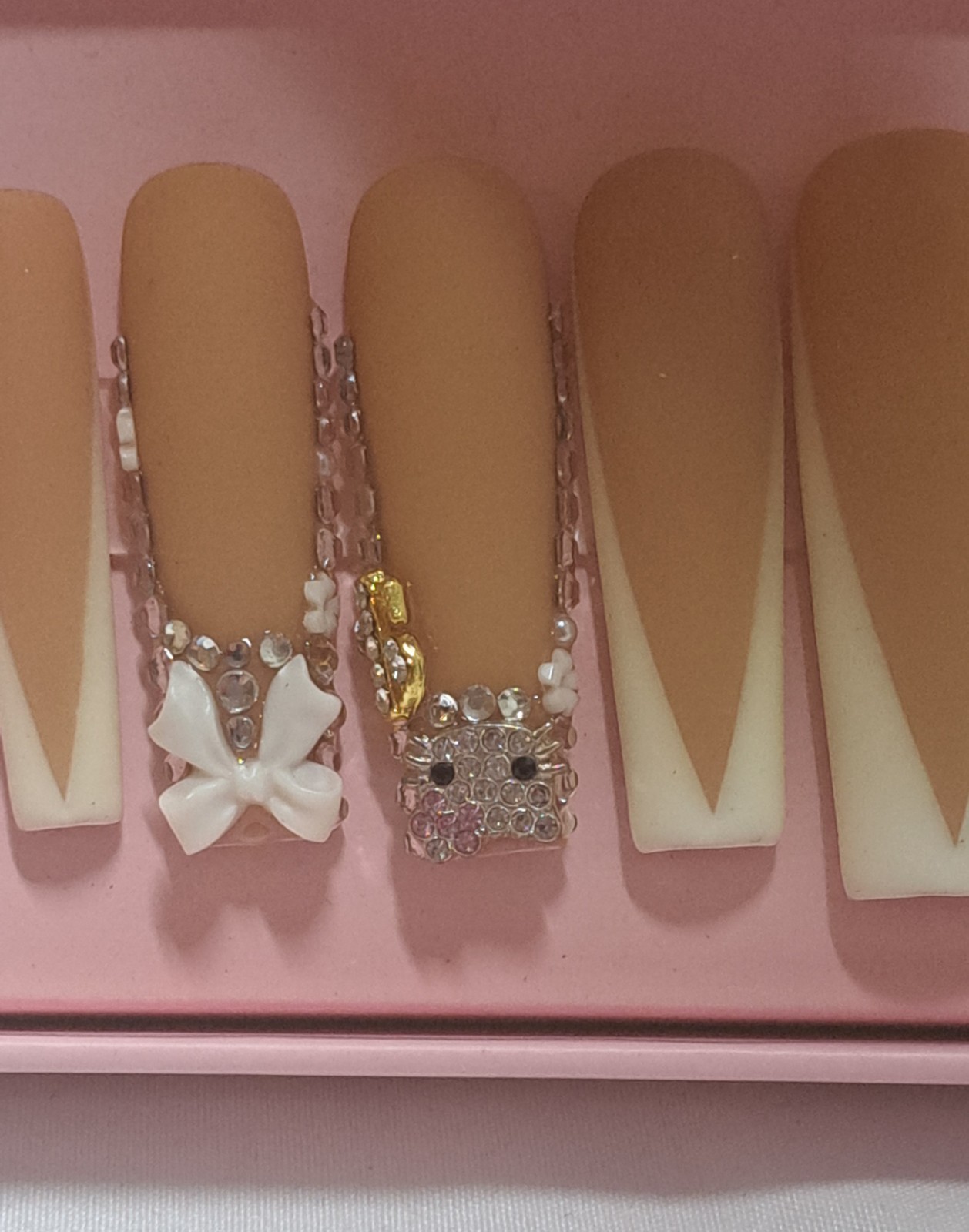 Handmade Hello Kitty Press On Nail Stiletto Nude French Tip Bling Rhinestone Bow