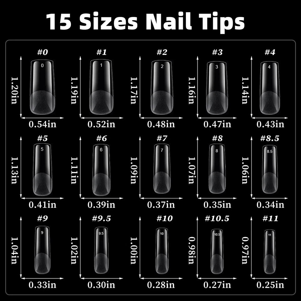 300pcs Long Square Nail Tips Full Cover Clear Acrylic Gel 15 Sizes Press-On Set