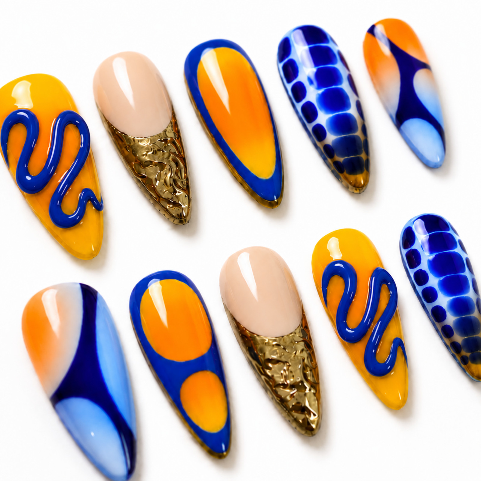 Handmade Blue Orange Gold Abstract Press On Nails Custom Size Set