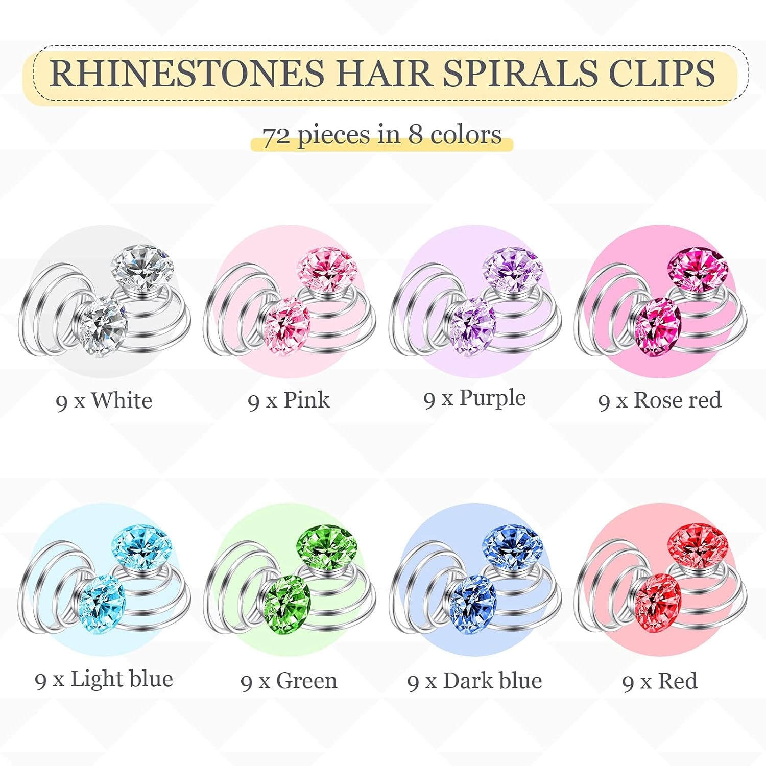 72 Pieces Rhinestone Spiral Hair Pins Blue,White,Green,Red,Silver,Pink,Purple