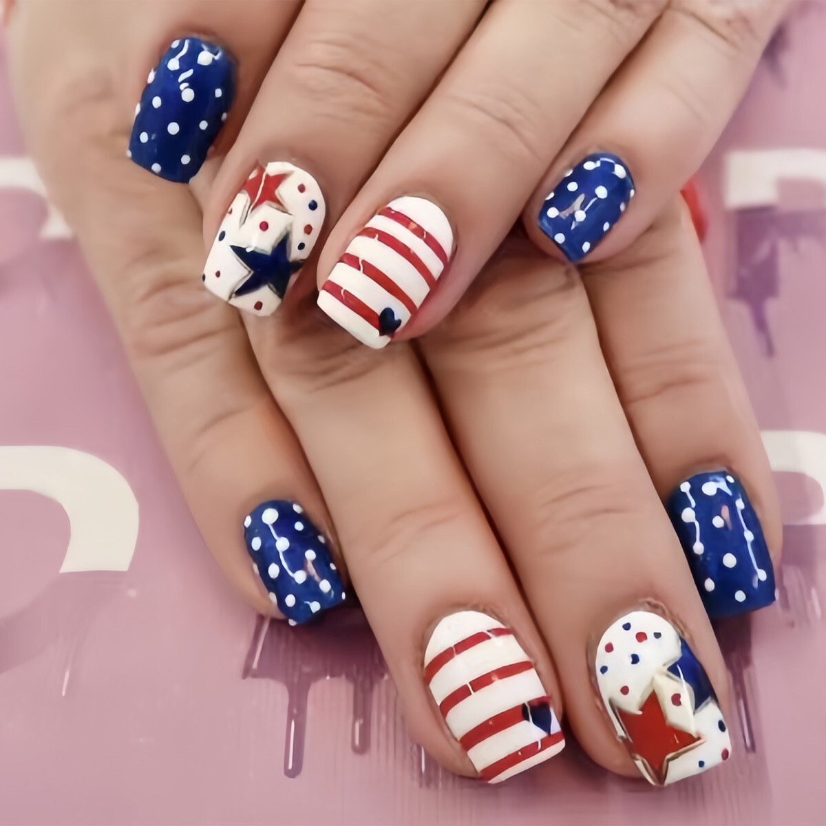 24pcs American Flag Independent Day press on Nails, Short Round-Square Shape