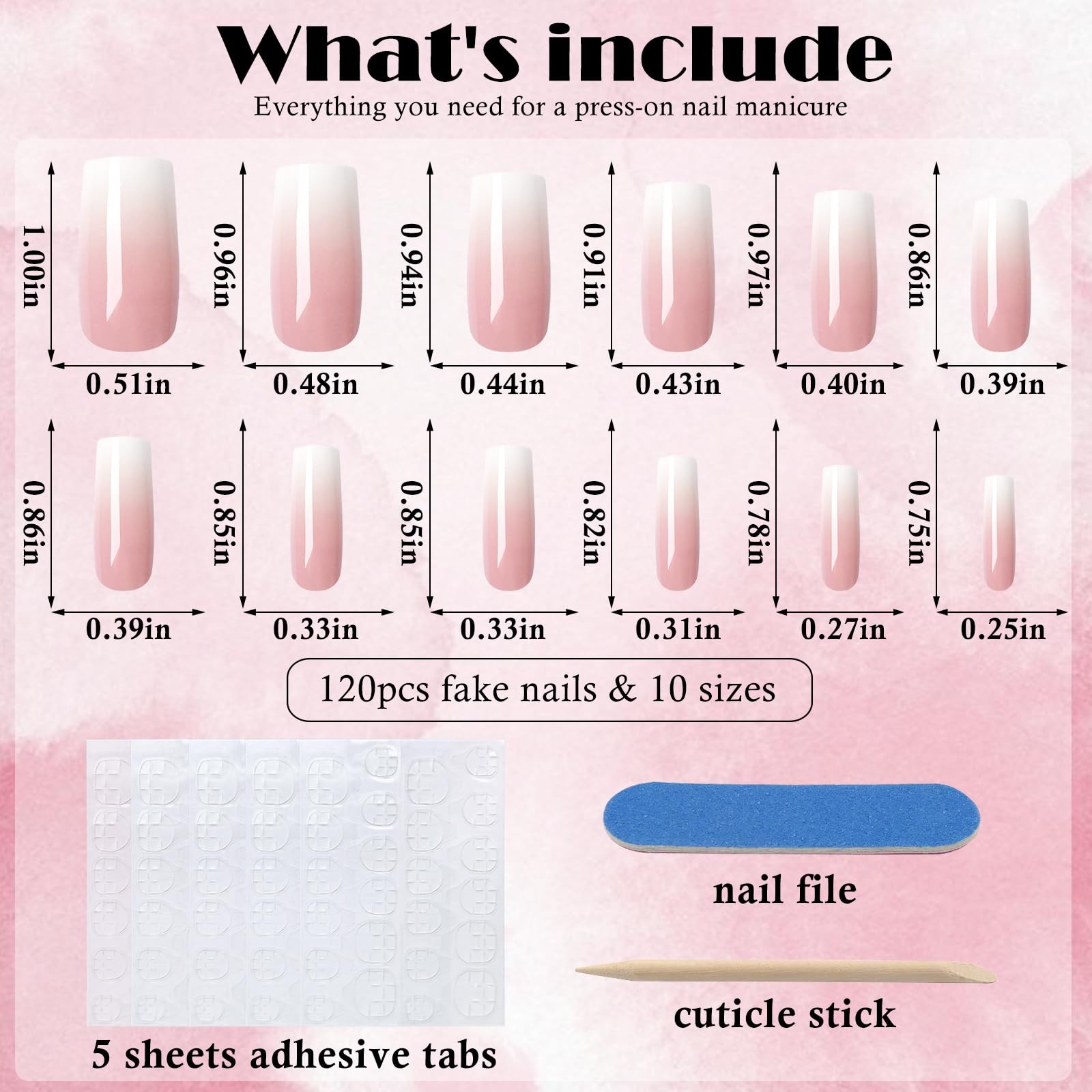 AddFavor 120pcs Ombre Press on Nails Long Square – Long, Ombre-Pink white
