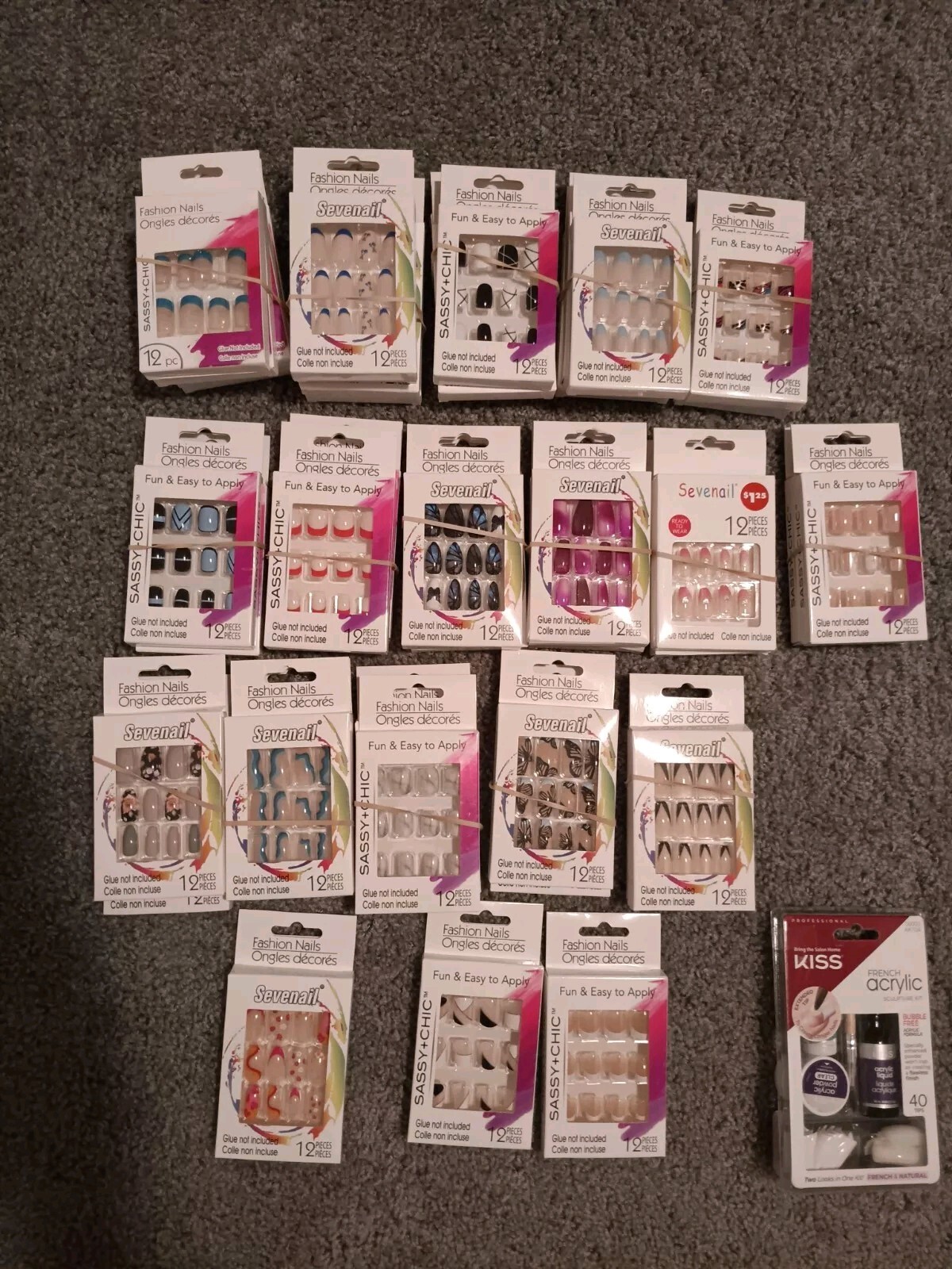 Large Lot Of Glue On Nails. 68 Boxes Total. 3 Acrylic Sculpture Kits. New.