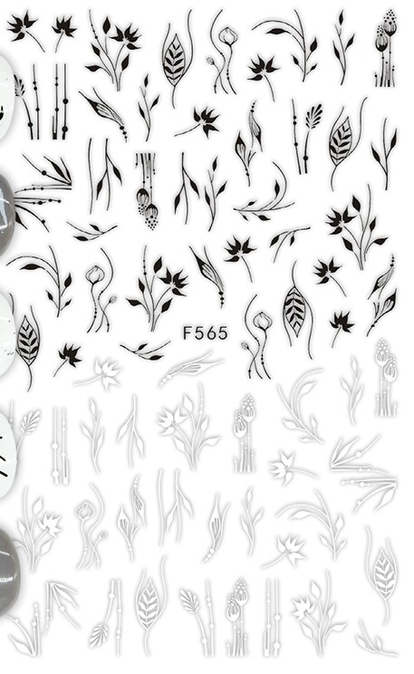 Black & White Spray Branch Shoots Flowers Rose Leaves Nail Stickers