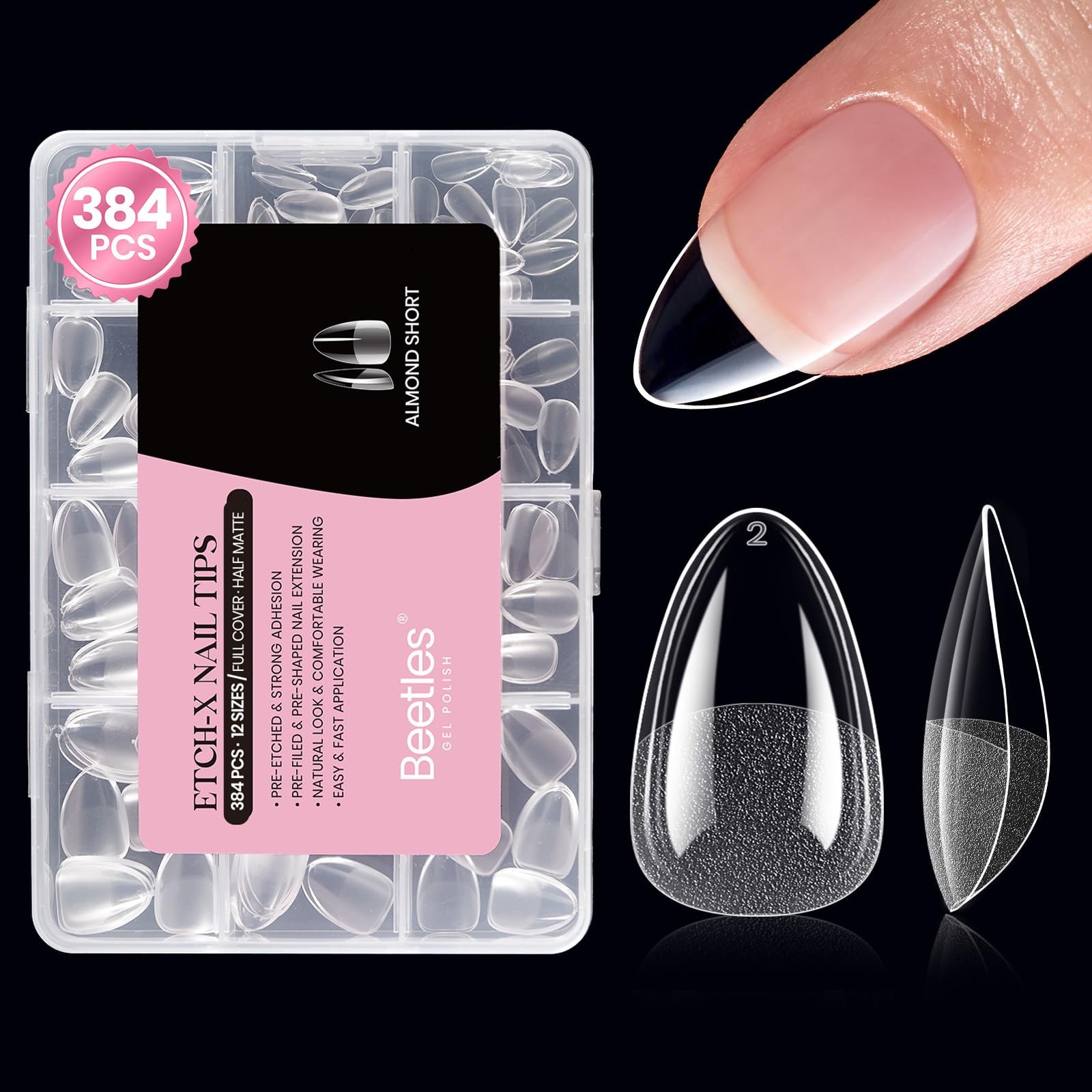 Beetles Gel Nail Tips Etch-X- Almond Short, Transparent Matte