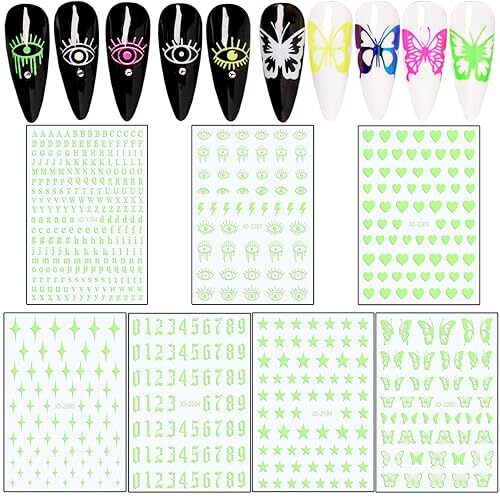 7 Sheets Green Nail Art Stickers, 3D Geometry Nail Transfer Decals, Butterfly