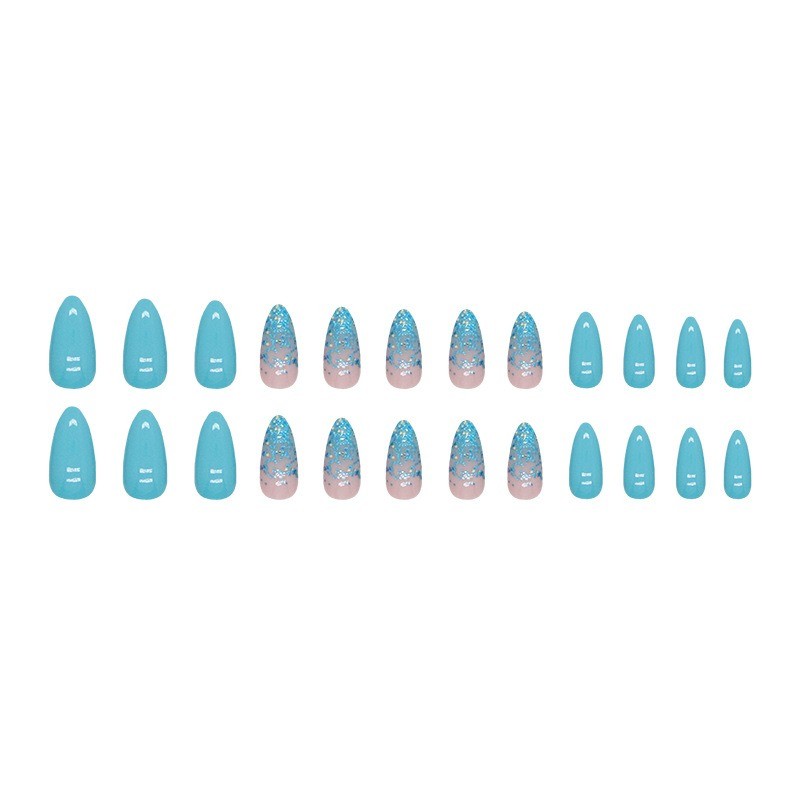 72pcs-Summer Vibe Press on Nails, Almond with Turquoise and Sparkly Glitter