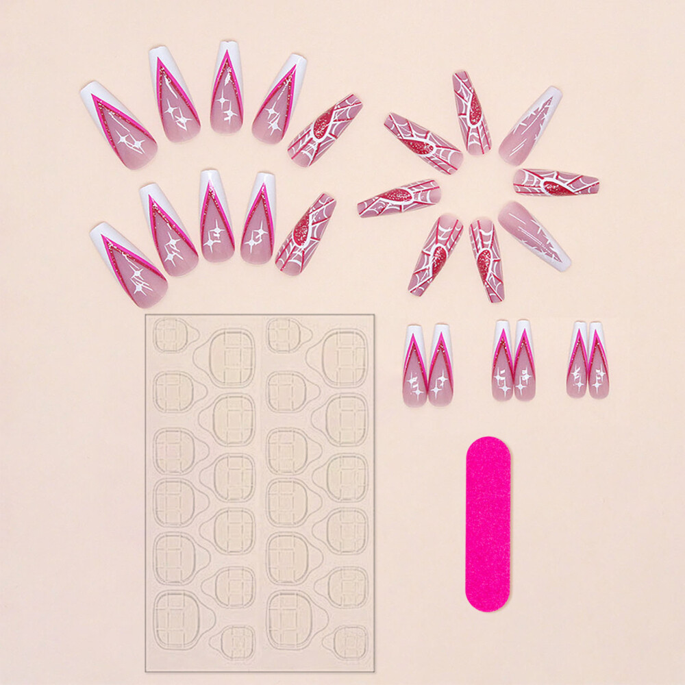 Pink Long Fake Nails with Spider Web Printed Manicure Nails Girl Nail Salon