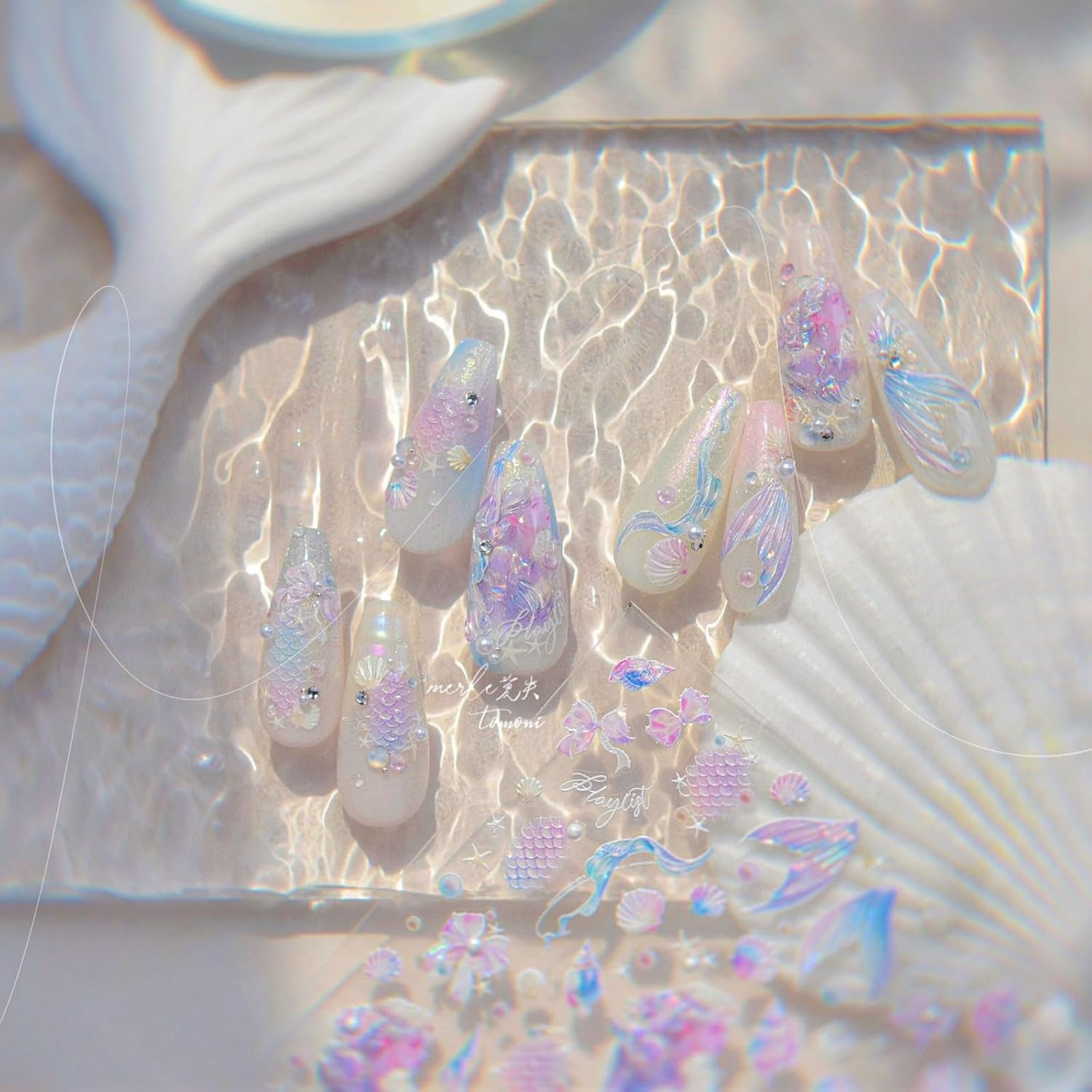 5D Mermaid Nail Stickers Holographic Shell Fish Tail Star Pearl Self Adhesive Em