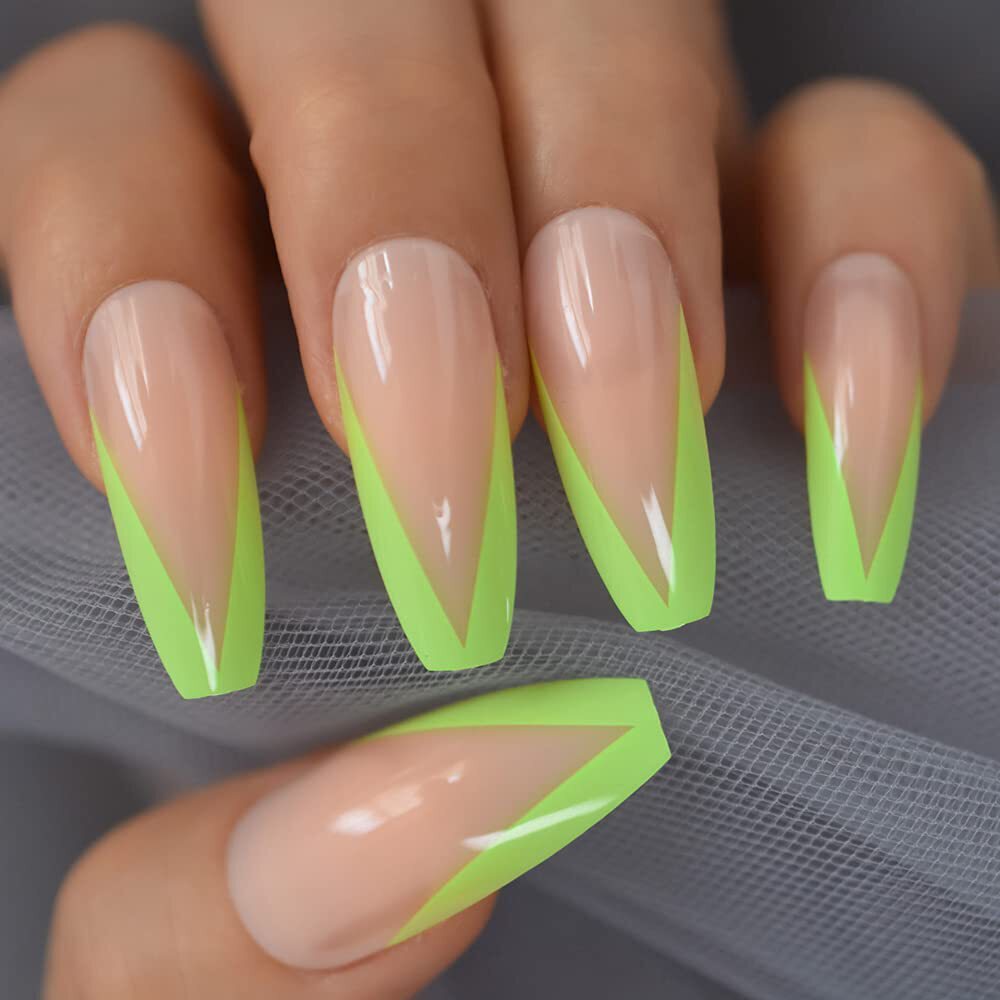 Natural Nude Pink Green V French Glossy Ballerina Extra Long Press On Nails Set