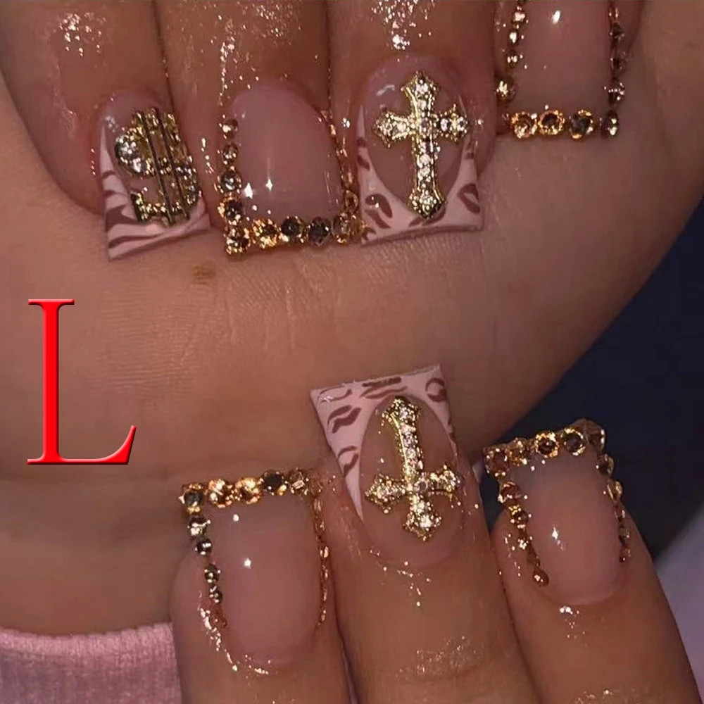 Leopard Print Nude Fake Nails 10PCS Short Square Diamond French Pointed Nails