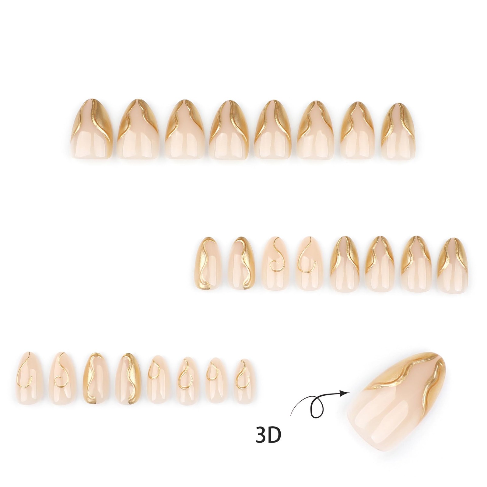 KAICCOSO Gold French Tip Almond Acrylic Press-On False Nails, 24 Pcs (12 Size…