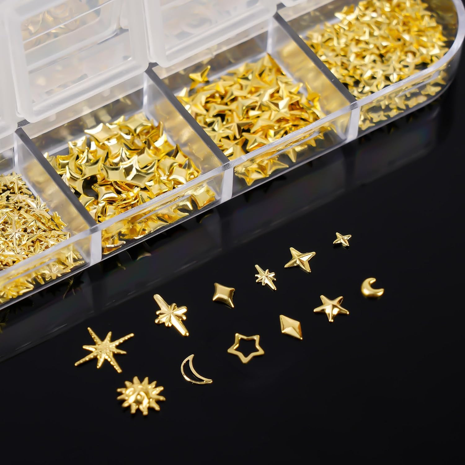 3D Star Nail Charms, Sun Moon Stars Metal Nail Charms for Nails Art Design, 12 S