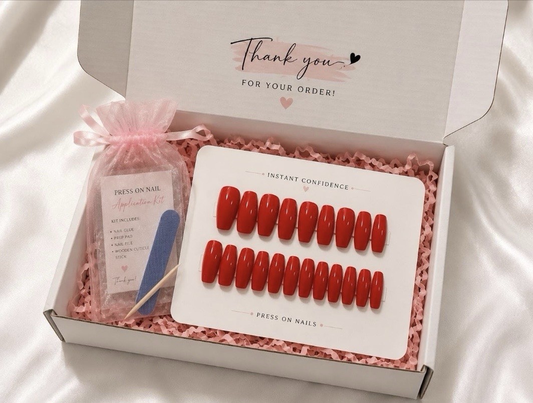 Glossy Red Coffin Press On Nails | Medium Length Handmade False Nails