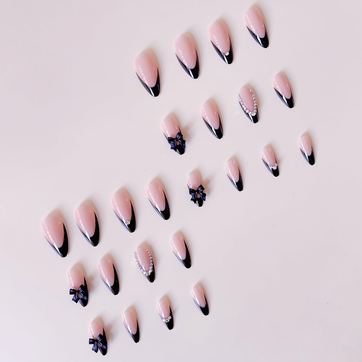 24pcs Press On Nails Medium French Tip Black Almond Shape Fake Nails 3D Bow A…
