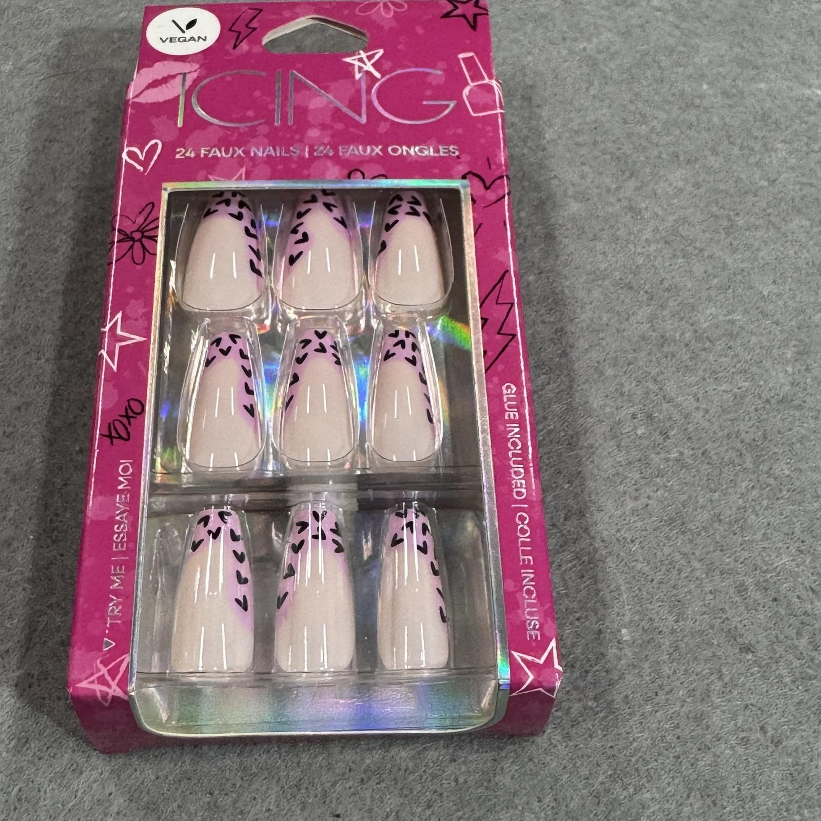 Icing Vegan 24 Faux Nails Nude Pink Leopard Print Press On Set Glue Included NEW