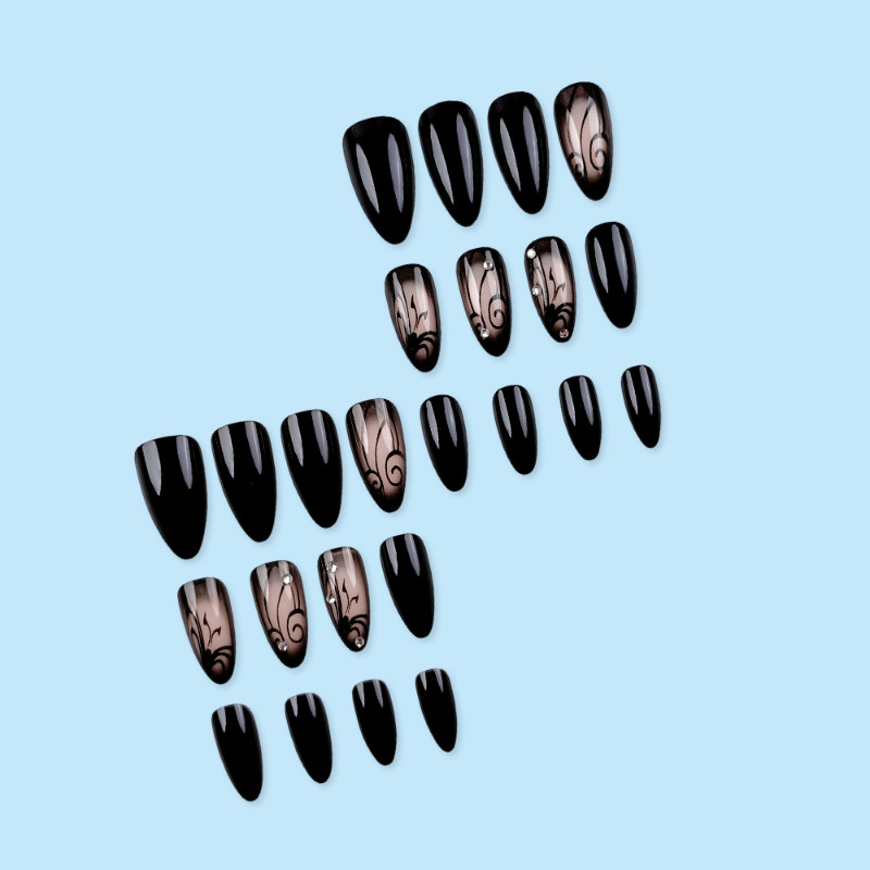 48pcs Almond Press on Nails, Black Smoke Vines Line Rhinestone Gothic Nails