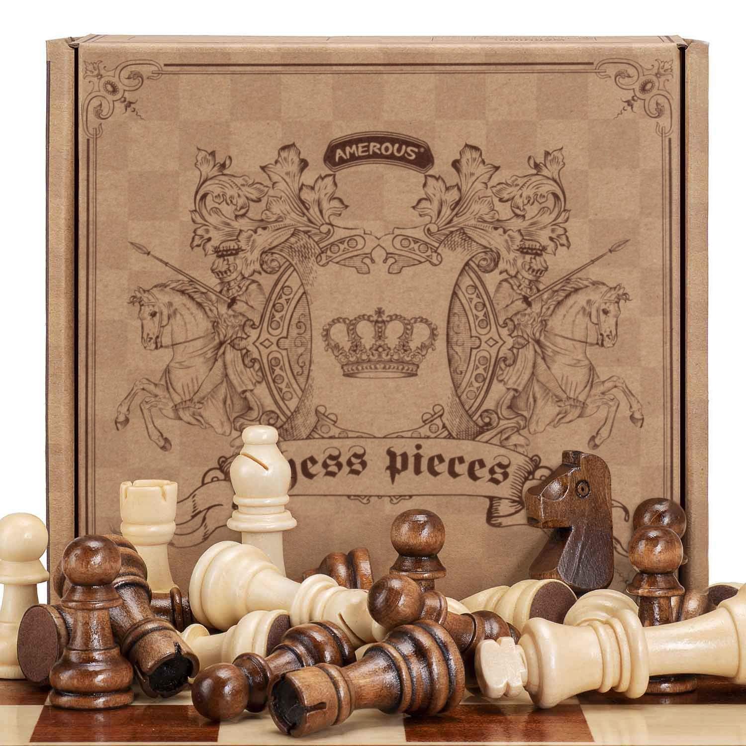 AMEROUS Wooden Chess Pieces Only, Staunton Style Wood Chessmen Medium, Brown