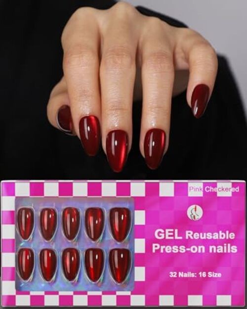 Burgundy Red Cat Eye Press on Almond Nails Short 16 Sizes Glass red cat eye