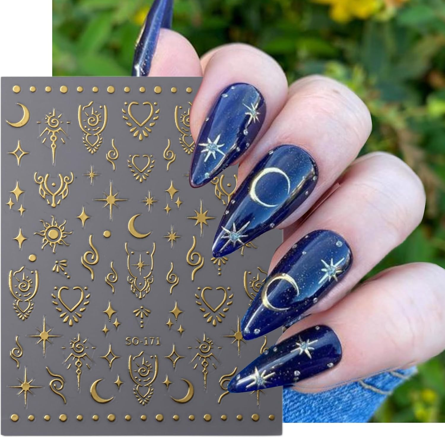 Moon Star Nail Stickers, 3D Self-Adhesive Art Decals Stars Sun Design Stickers L