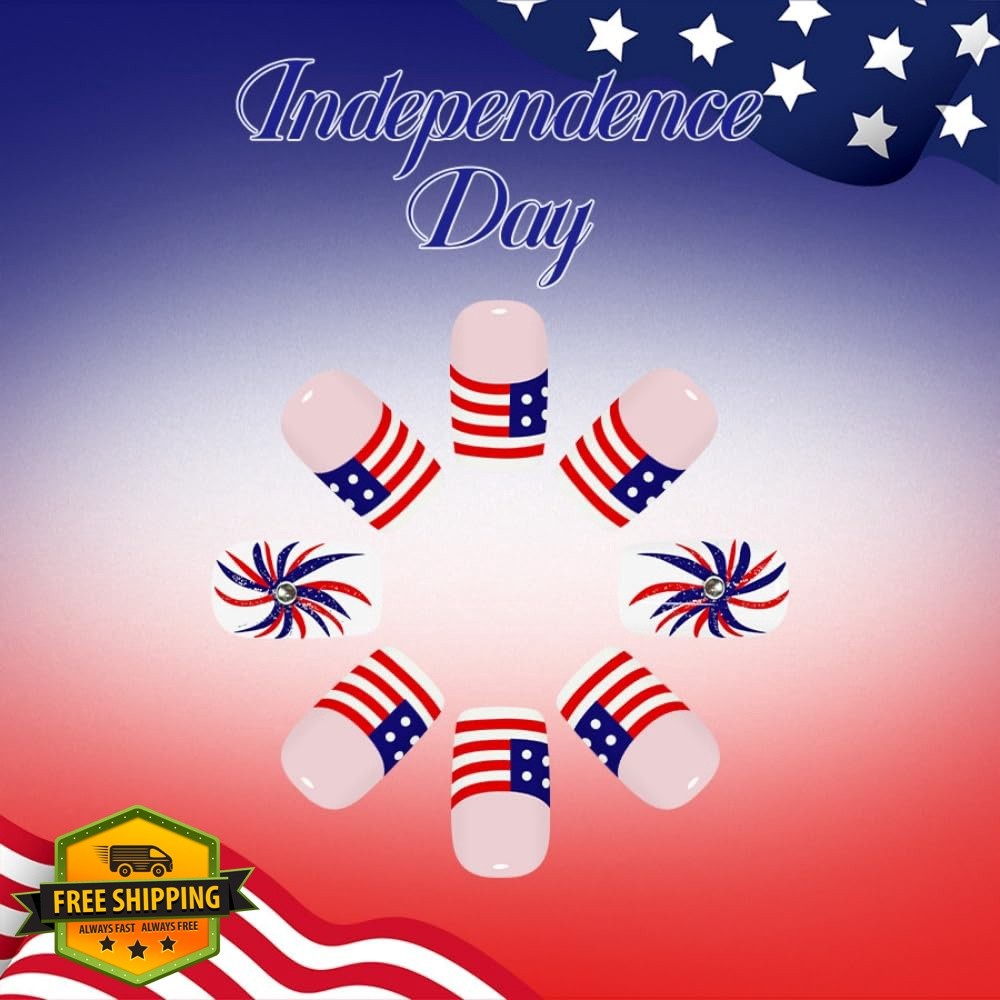 4th of July Press on Nails Medium Square Fake Nails with Fireworks Design Glo…