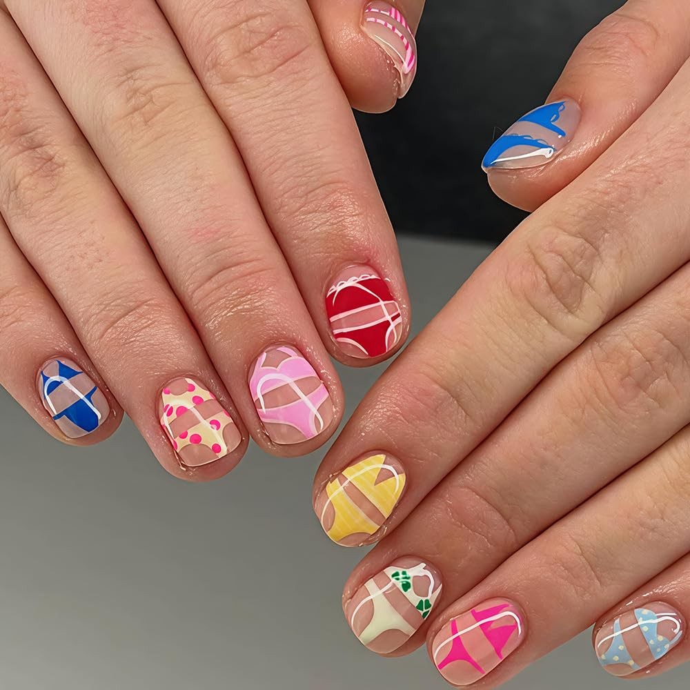 ZIFANHU Summer Press on Nails Extra Short Square Fake Nails Press ons with Co…
