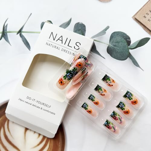 24 Pcs Flower Press on Nails Medium Fake Nails Square Shape False Style-A12