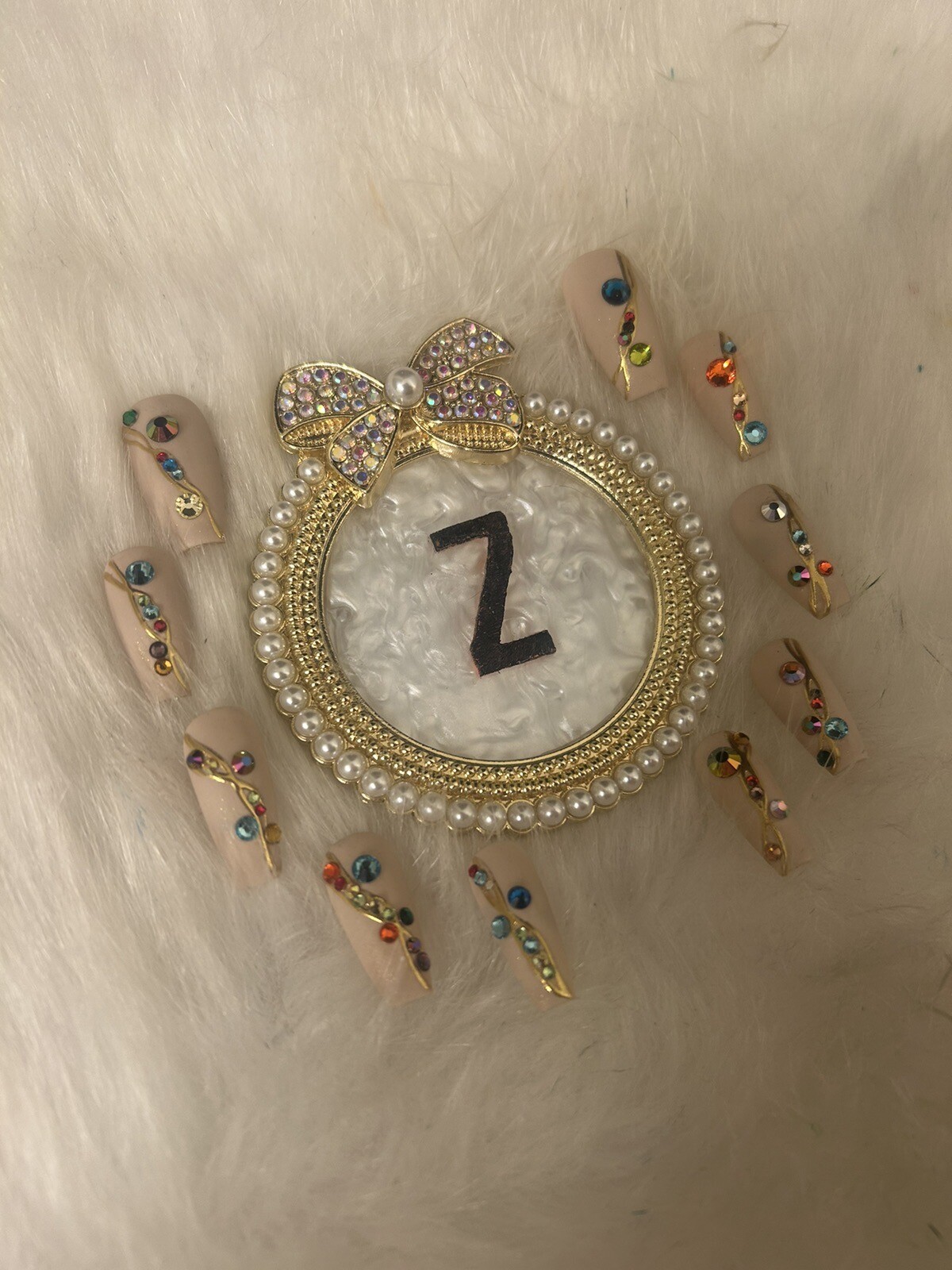 Z NAILZ! Gorgeous Handmade Set Of M Coffin Beige W/multicolored Stones Press Ons