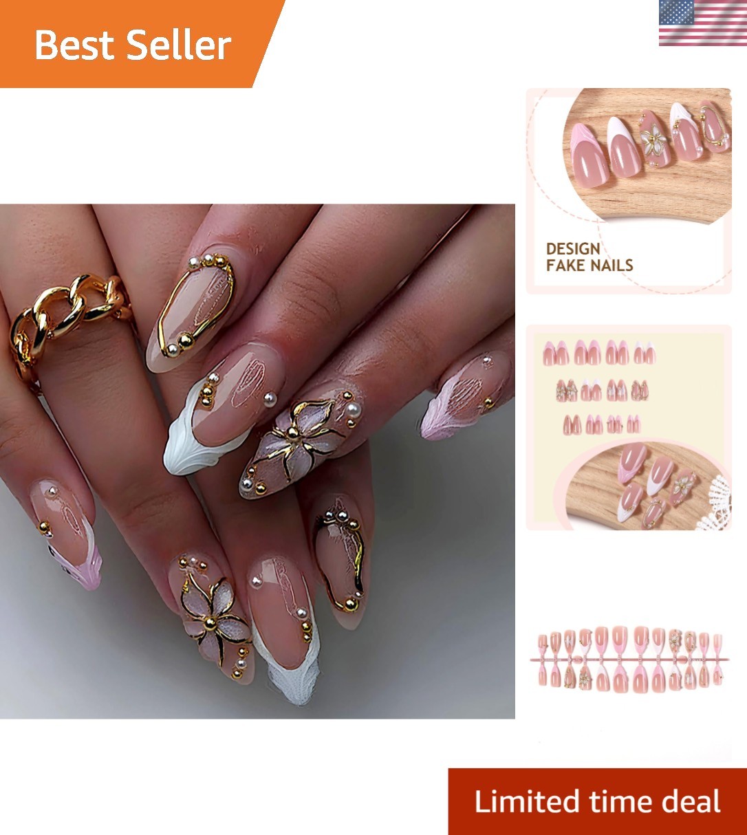 Full Coverage Almond Press on Nails – Glossy Floral Designs for Instant Glam