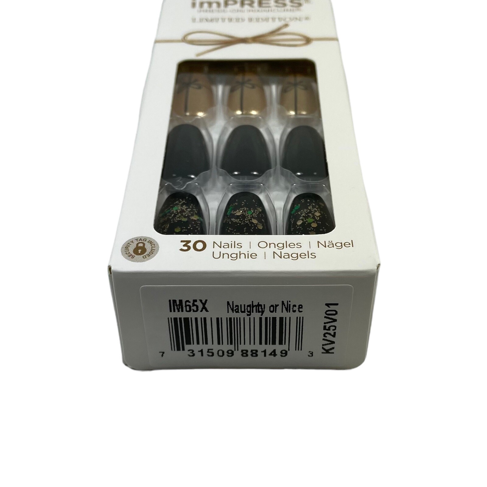 NEW Kiss Nails Impress Press On Manicure Medium Coffin Black Gold Christmas Bow