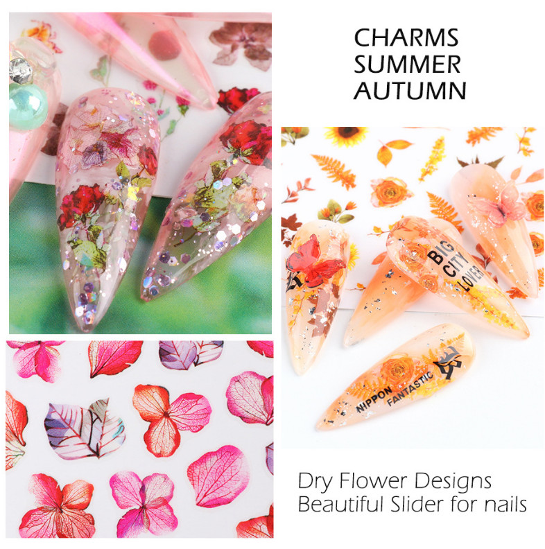 3D Nail Stickers Watercolor Dried Flowers Maple Leaf Rose Butterfly Bee NS37