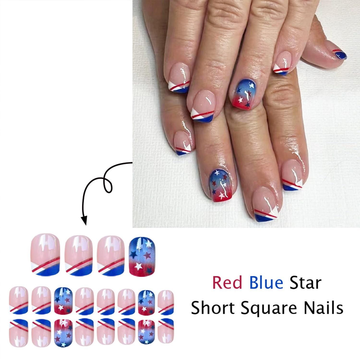 4th of July Press on Nails French Tip Independence Day False Nails Short Squa…
