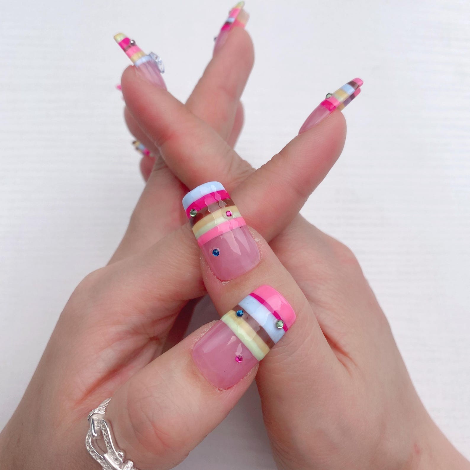 Handmade Rainbow Striped Star Rhinestone Long Square Press on Nails Set