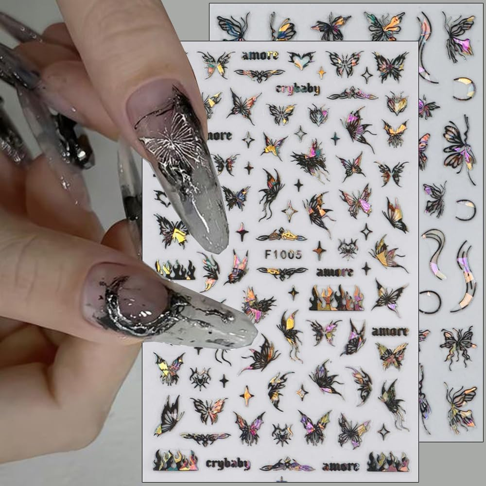 8Pcs 3D Laser Black Butterfly Nail Stickers for Women Holographic Butterfly Nail