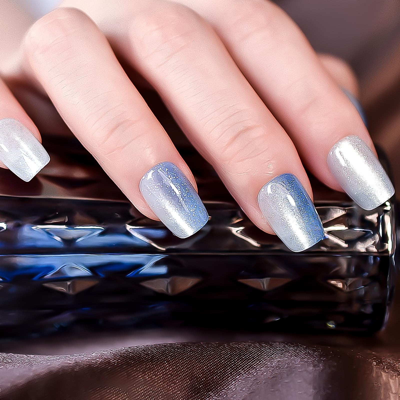 30pcs Glossy Ombre Blue Press On Nails Cat Eye Salon Manicure Medium Coffin S…