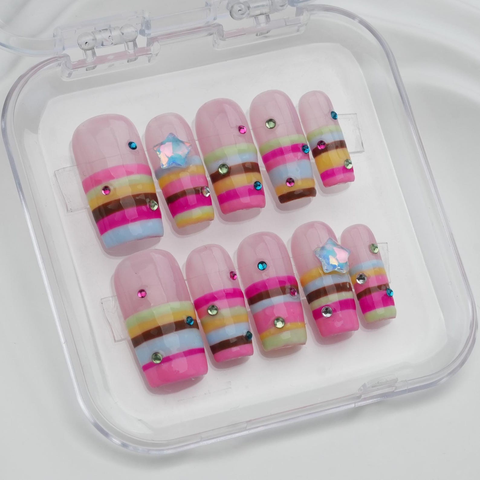Handmade Rainbow Striped Star Rhinestone Long Square Press on Nails Set