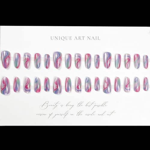 Colorful Press on Nails Almond – Medium Cat Eye Fake cat eye color stripe