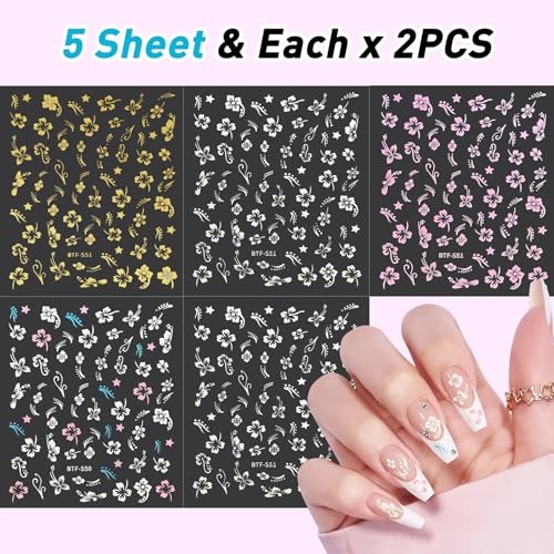 MUIIGOOD Flower Nail Stickers 10 Sheets Hibiscus Nail Decals White Transparent
