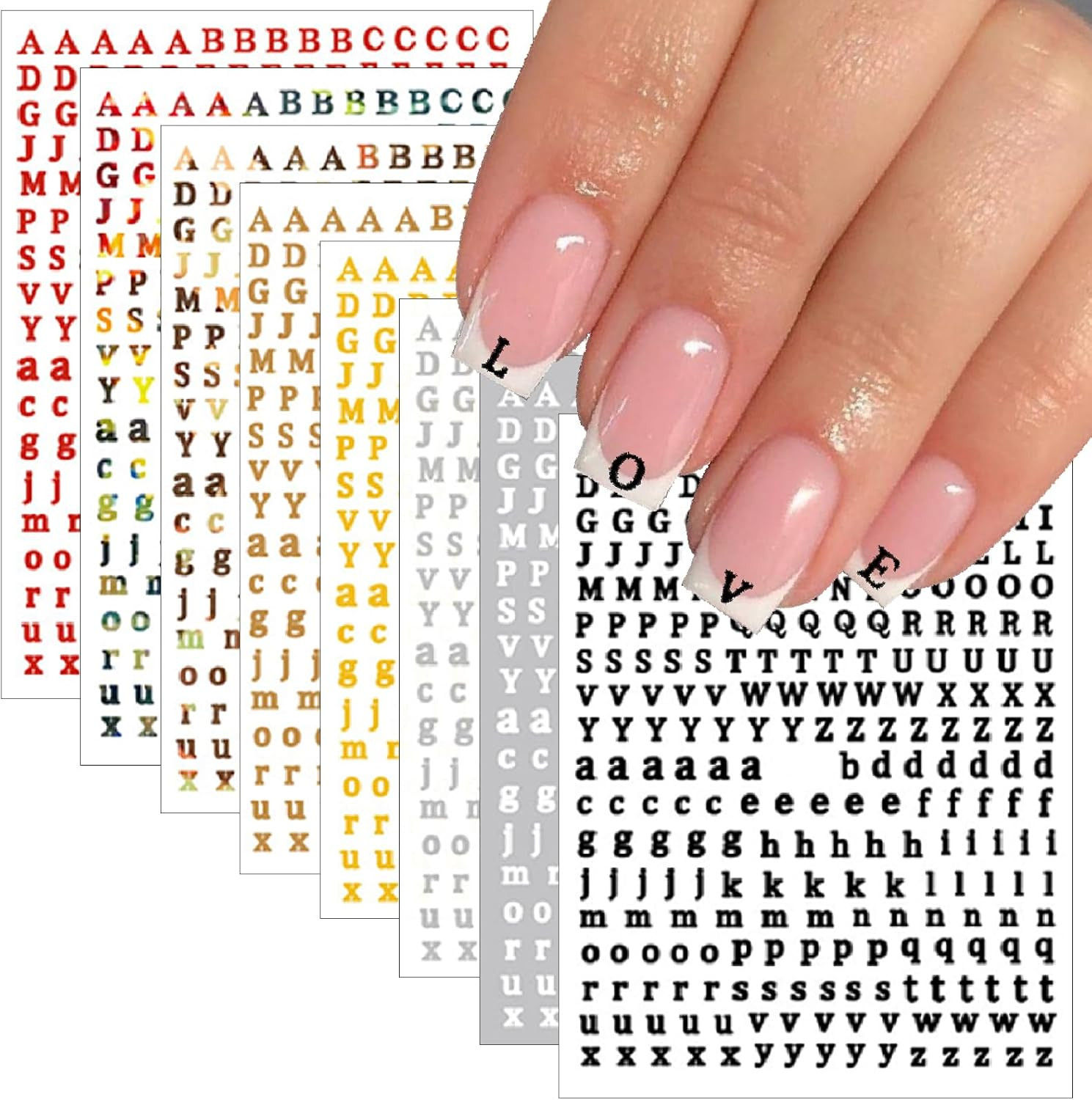 8Sheets Letter Nail Art Stickers 3D Self-Adhesive Laser Alphabet Nail Stickers