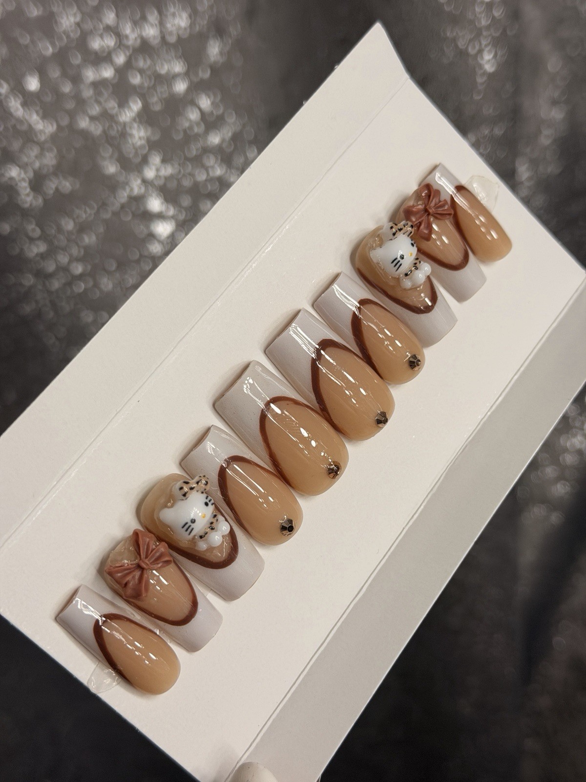 ✨ CUSTOM Press On Nails Brown Nude HELLO KITTY BLING 10p SET W Kit