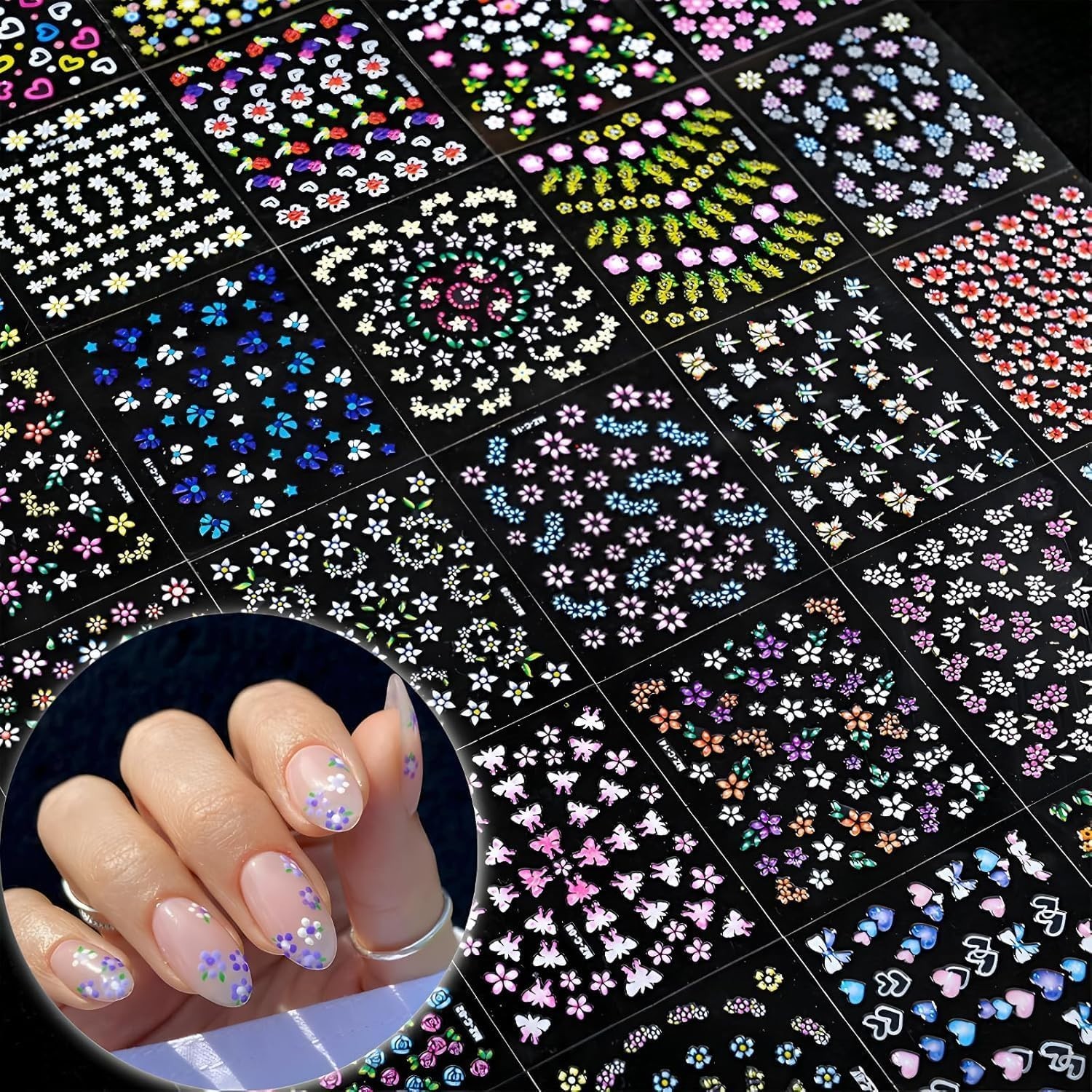Self-Adhesive Nail Art Stickers with Colorful Floral Patterns and Hearts