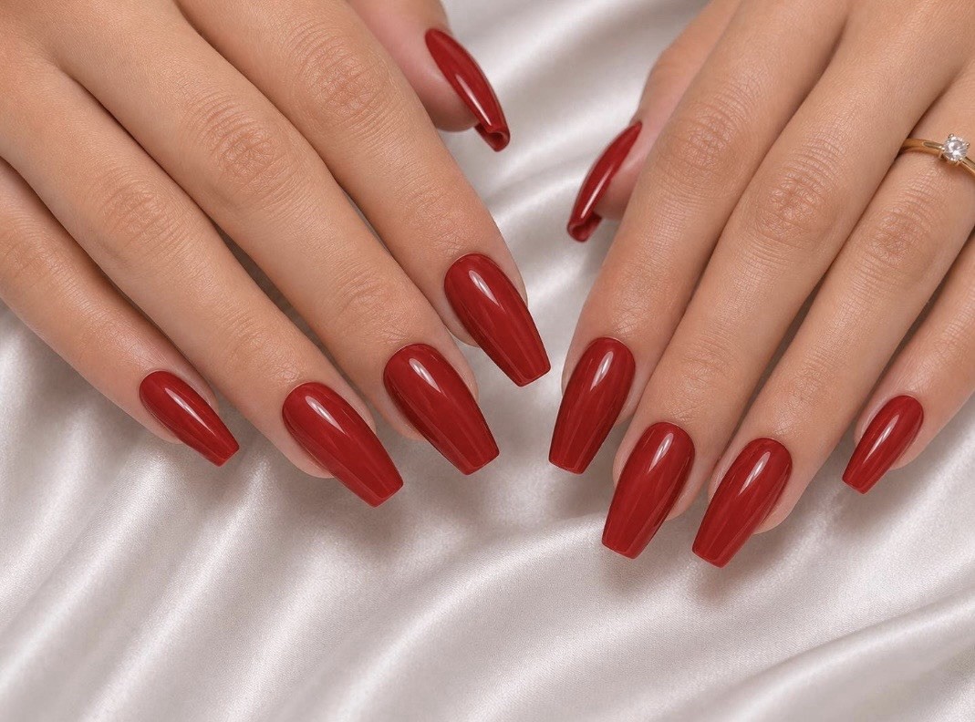 Glossy Red Coffin Press On Nails | Medium Length Handmade False Nails