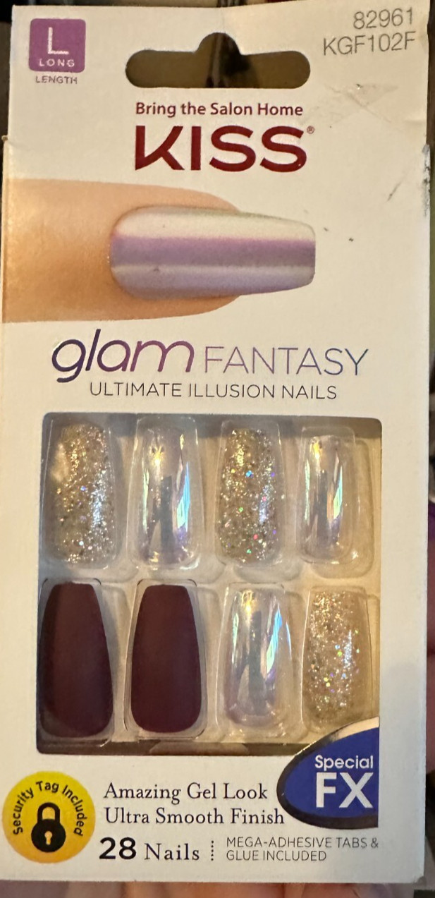 Kiss Nails Glam Fantasy Glue or Press on Manicure square Silver Burgundy Holo