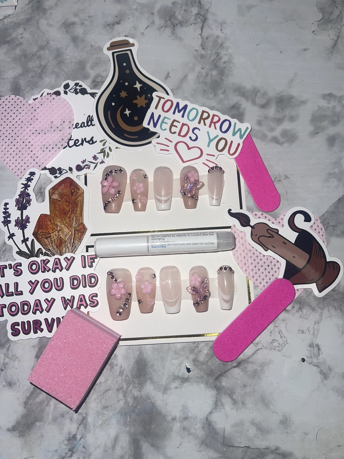 White And Pink French Tip W/ Rhinestones Press on Nails. includes Prep Kit