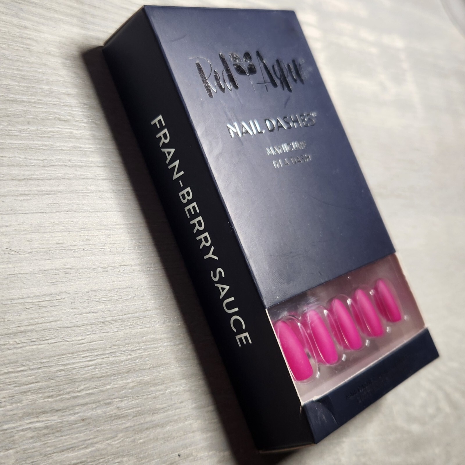 Press On Nails Fran-berry Sauce Medium Round Matte Navy Blue Dashes Red Aspen