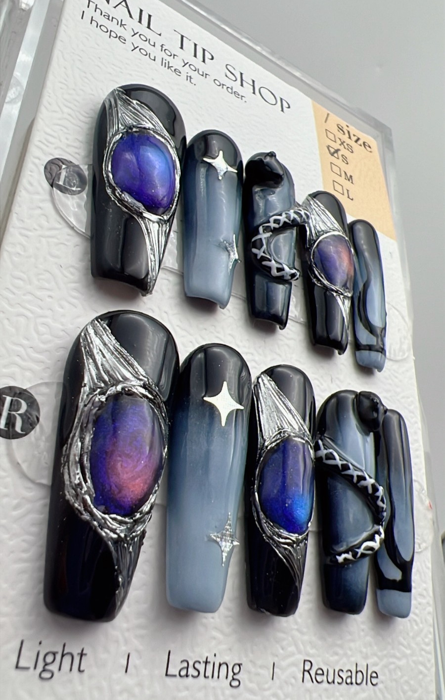 Gothic Snake & Gem Long Coffin Press On Nails,S Size Black Blue Purple Gradient