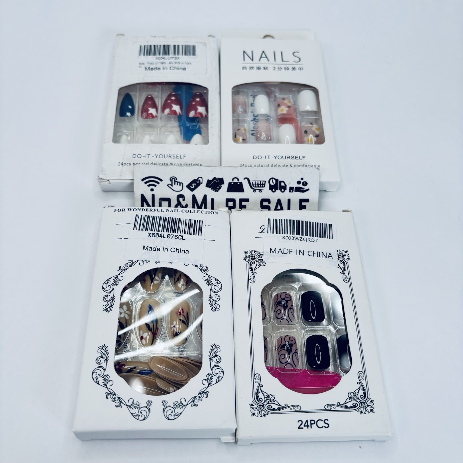 4 Assorted Press on Nails Colorful Glossy Finish Acrylic Nails 24pcs each