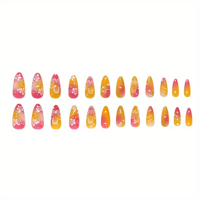 48Pcs-Pink Orange Ombre 3D Flower Almond Press on Nails Gold Beads Fake Tips