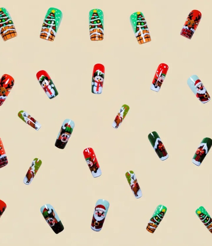 Acrylic Press On Fake Nails Long Square. Santa Snowman Reindeer Gloss 24 Pieces