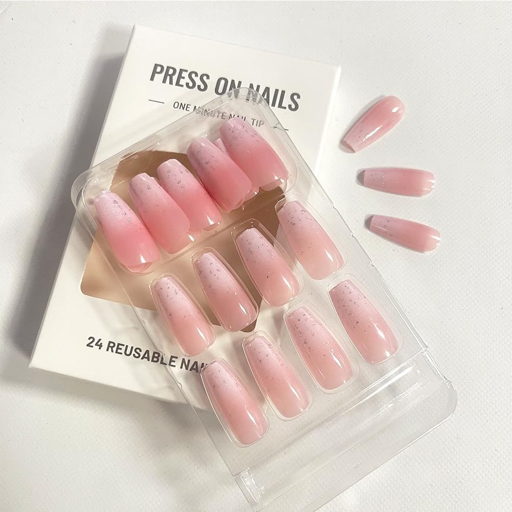 30 Pcs Ombre Pink-White Coffin Press-On Nails with Glitter – Glam Up Instantly